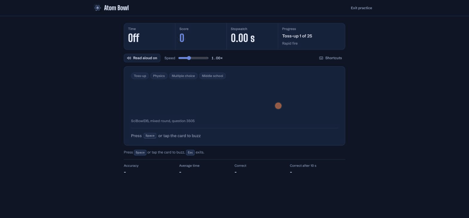 Atom Bowl demo: practicing a question, searching the bank, browsing lessons and buzzer rooms